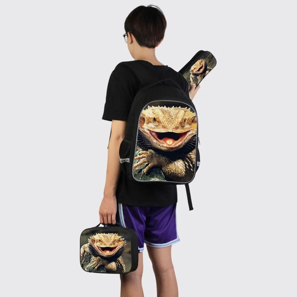 Lizard Backpack Lunch Tote Bag Pencil Case Children School Bag Set Durable Bookbag Cooler Bag
