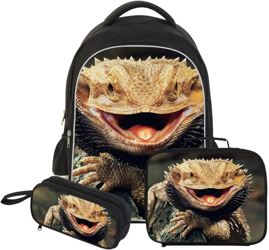 Lizard Backpack Lunch Tote Bag Pencil Case Children School Bag Set Durable Bookbag Cooler Bag