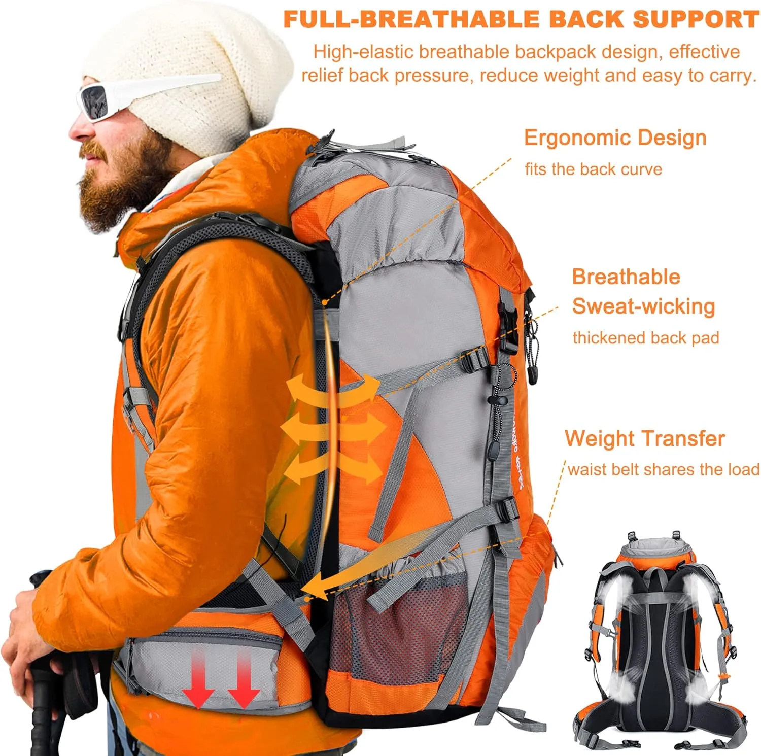 Loowoko 50L Hiking Backpack, Waterproof Camping Essentials Bag with Rain Cover, 45 5 Liter Lightweight Backpacking Back Pack