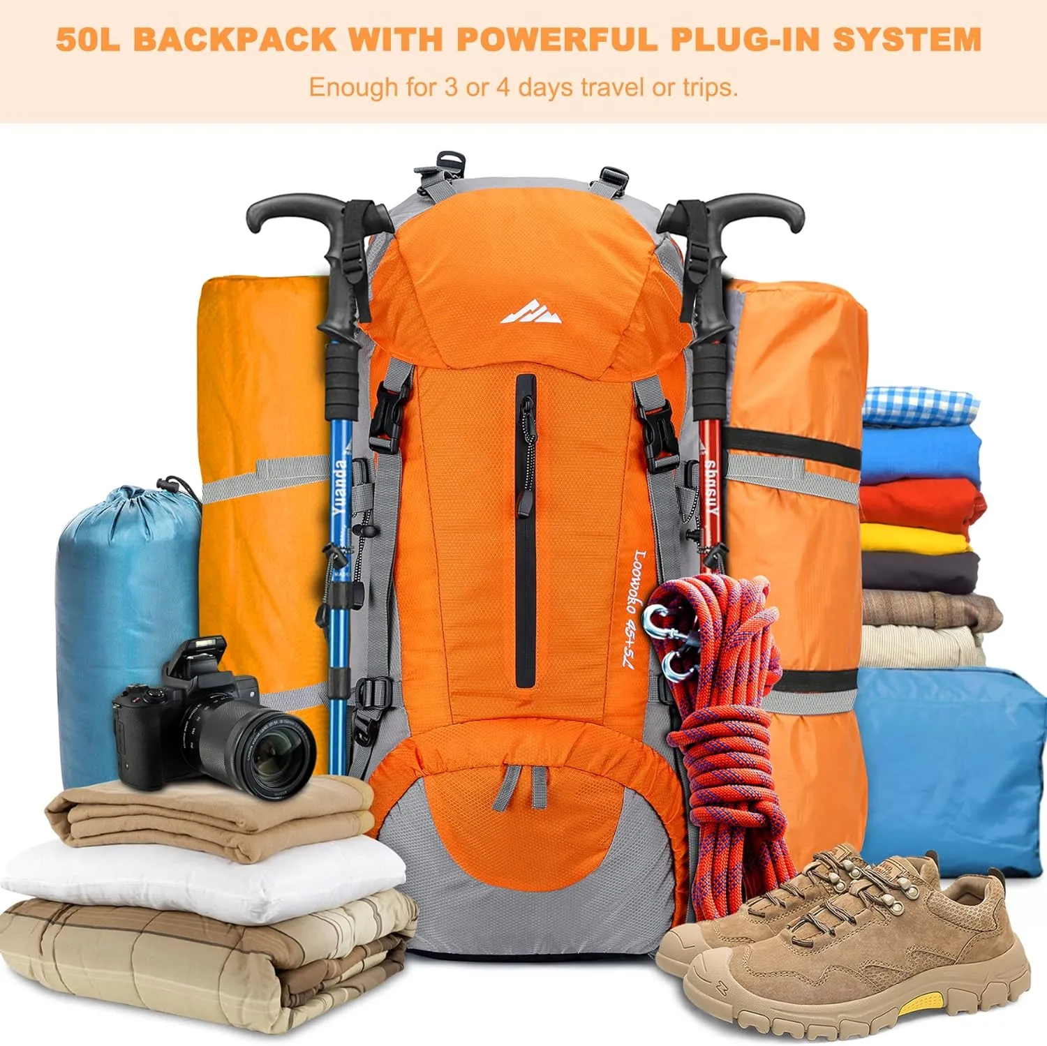 Loowoko 50L Hiking Backpack, Waterproof Camping Essentials Bag with Rain Cover, 45 5 Liter Lightweight Backpacking Back Pack