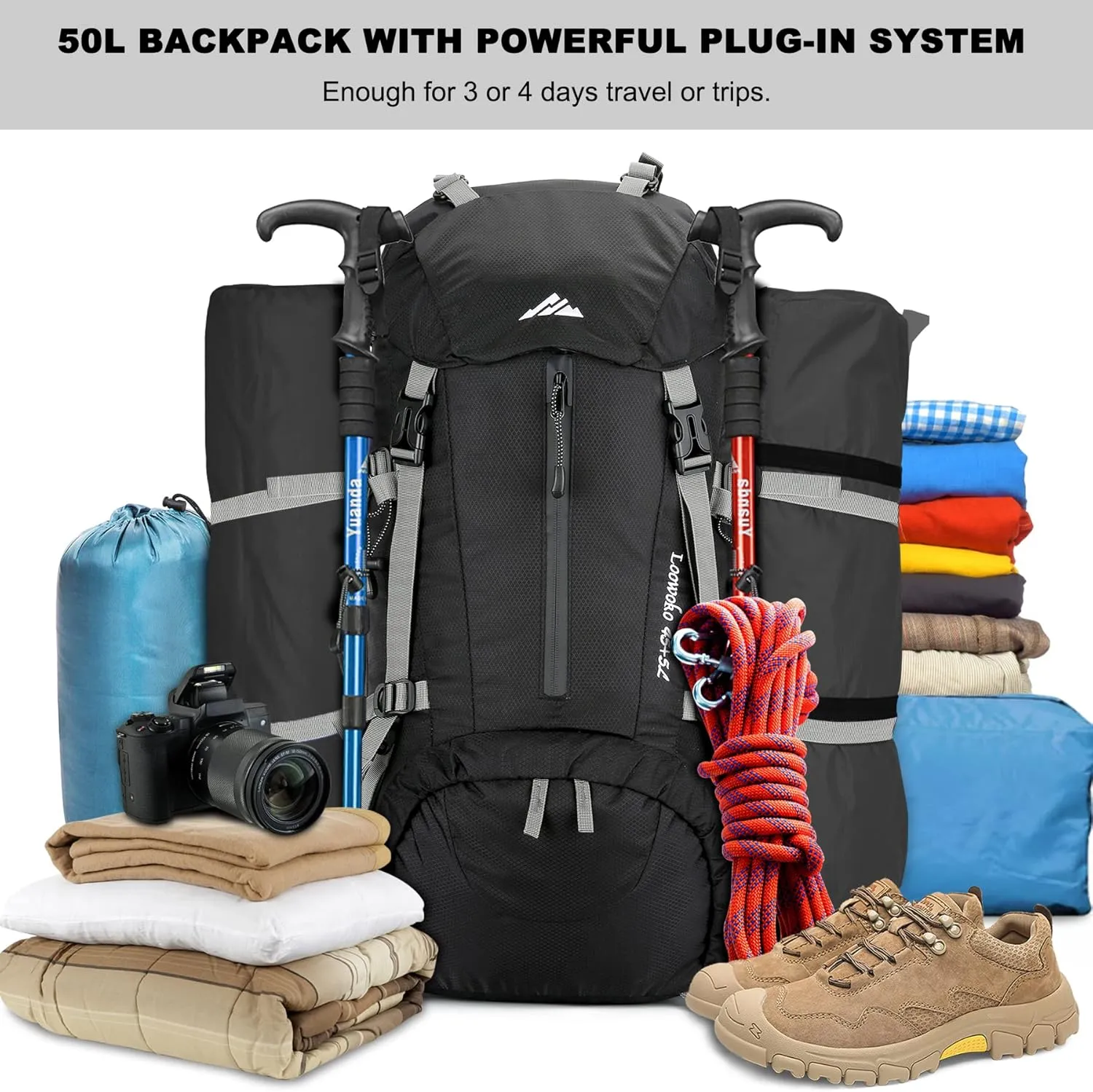 Loowoko 50L Hiking Backpack, Waterproof Camping Essentials Bag with Rain Cover, 45 5 Liter Lightweight Backpacking Back Pack