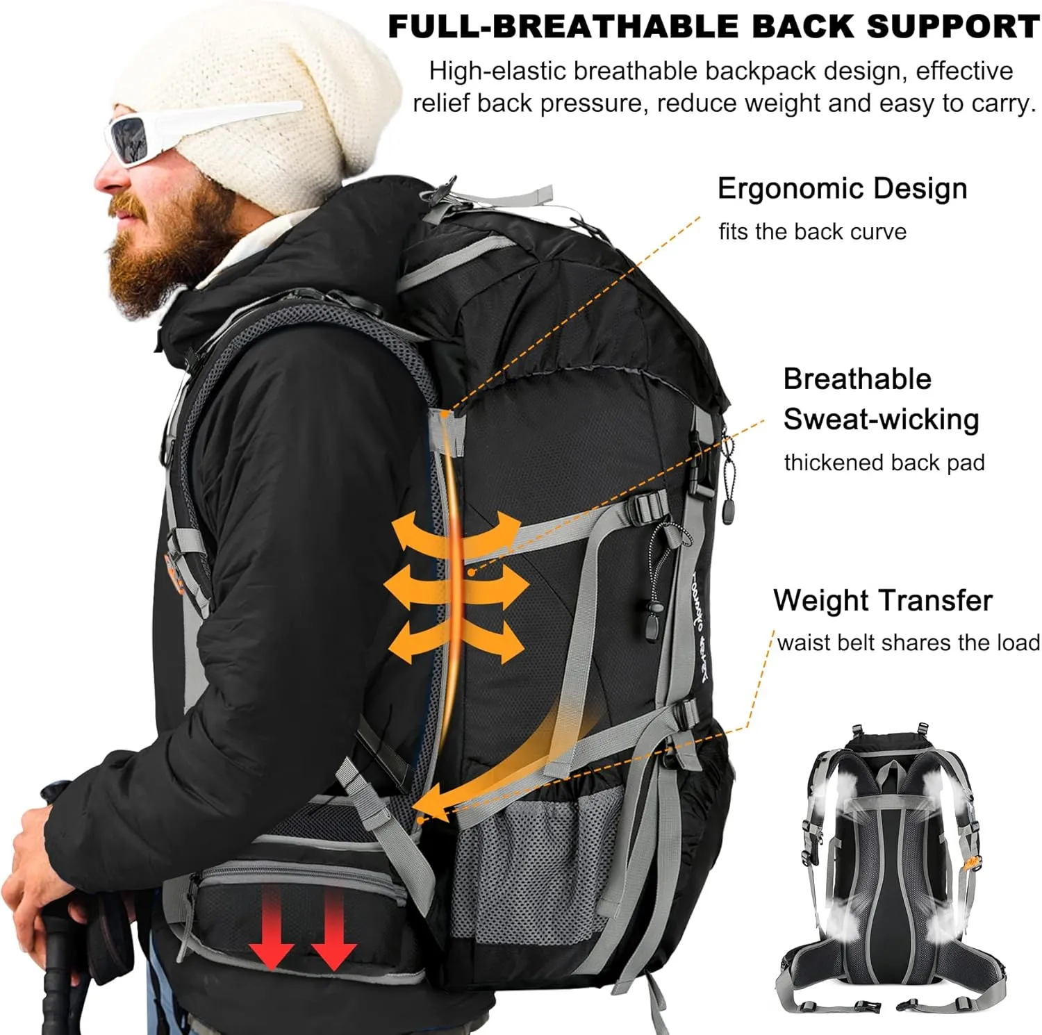 Loowoko 50L Hiking Backpack, Waterproof Camping Essentials Bag with Rain Cover, 45 5 Liter Lightweight Backpacking Back Pack