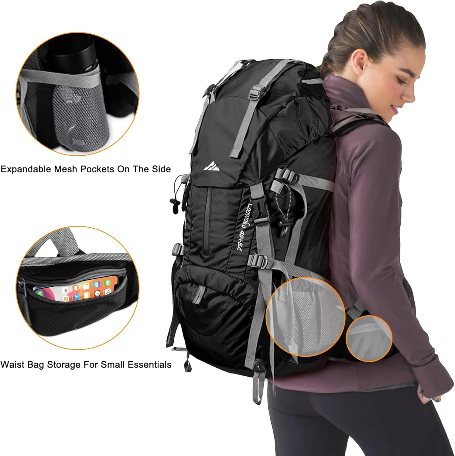 Loowoko 50L Hiking Backpack, Waterproof Camping Essentials Bag with Rain Cover, 45 5 Liter Lightweight Backpacking Back Pack