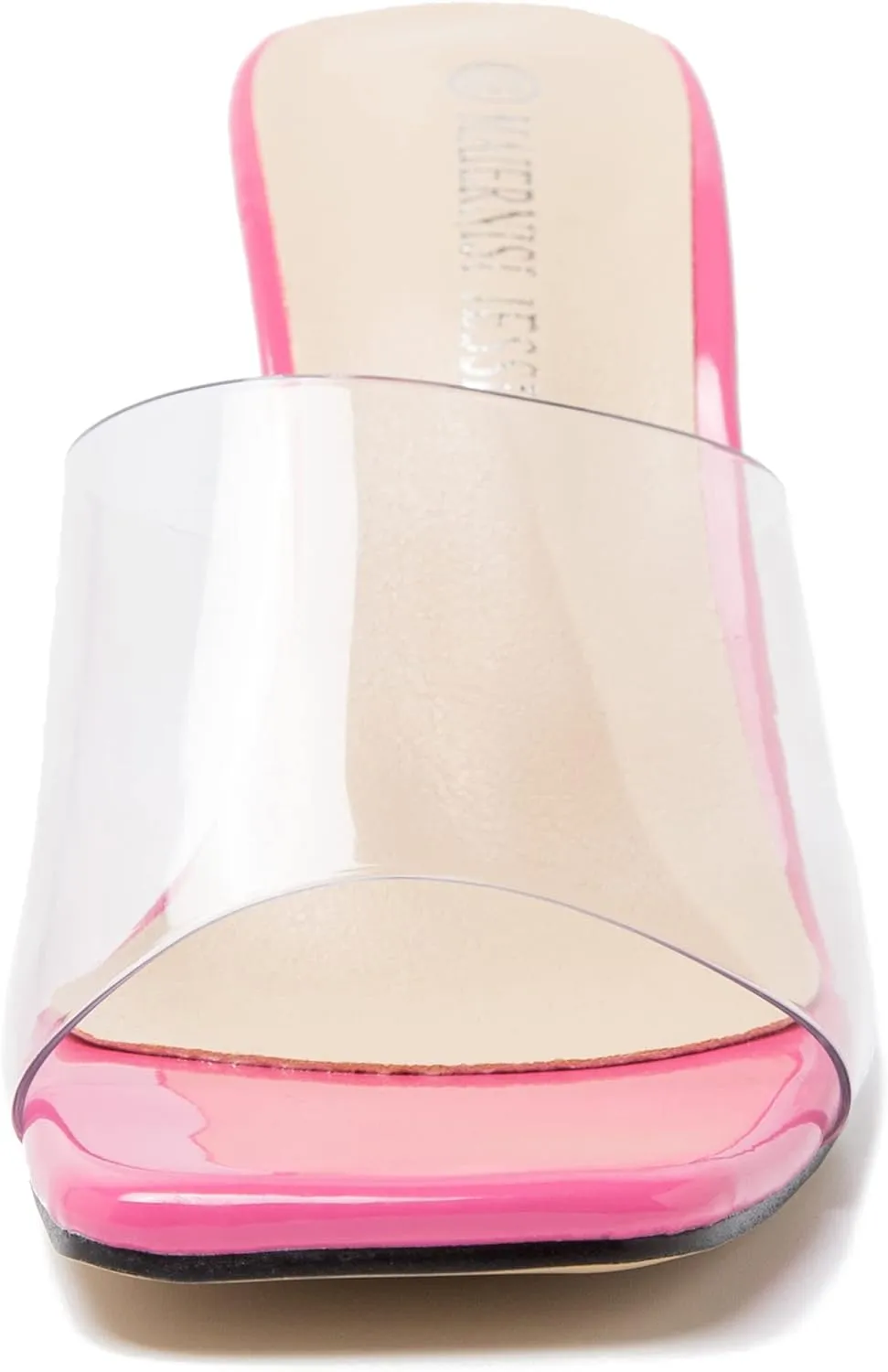 MAIERNISI JESSI Women's Clear Heels Sandals Square Toe High Stiletto Mules Slip on Wedding Dress Heel