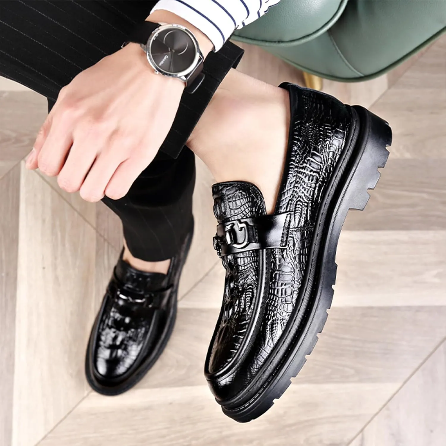 Men's Alligator Printed Platform Chunky Heel Loafers Comfort Round Toe Low-Top Slip-On Anti-Slip Lug Sole Fashion Metal Buckle Business Smart Casual Formal Derby Shoes