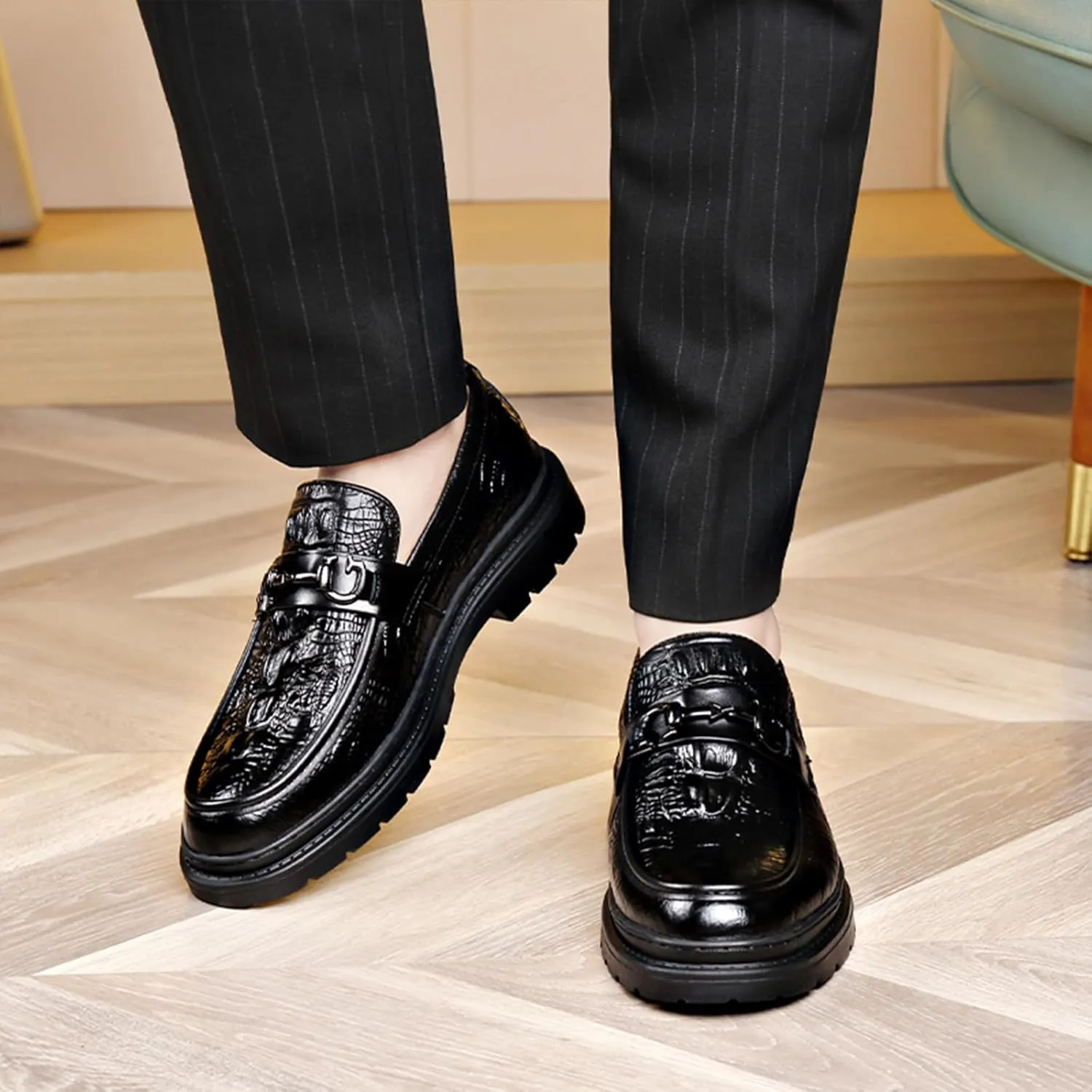 Men's Alligator Printed Platform Chunky Heel Loafers Comfort Round Toe Low-Top Slip-On Anti-Slip Lug Sole Fashion Metal Buckle Business Smart Casual Formal Derby Shoes