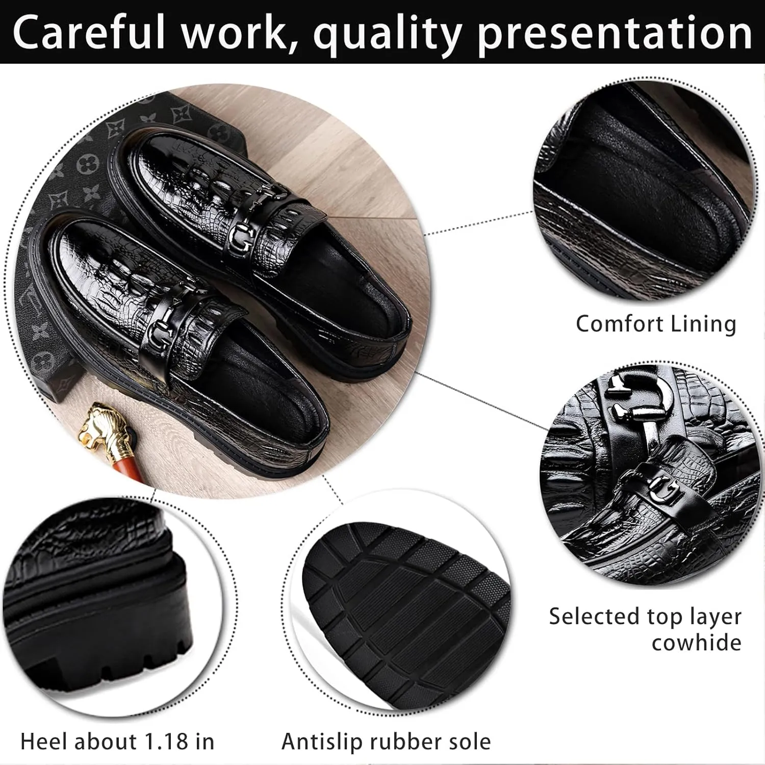 Men's Alligator Printed Platform Chunky Heel Loafers Comfort Round Toe Low-Top Slip-On Anti-Slip Lug Sole Fashion Metal Buckle Business Smart Casual Formal Derby Shoes