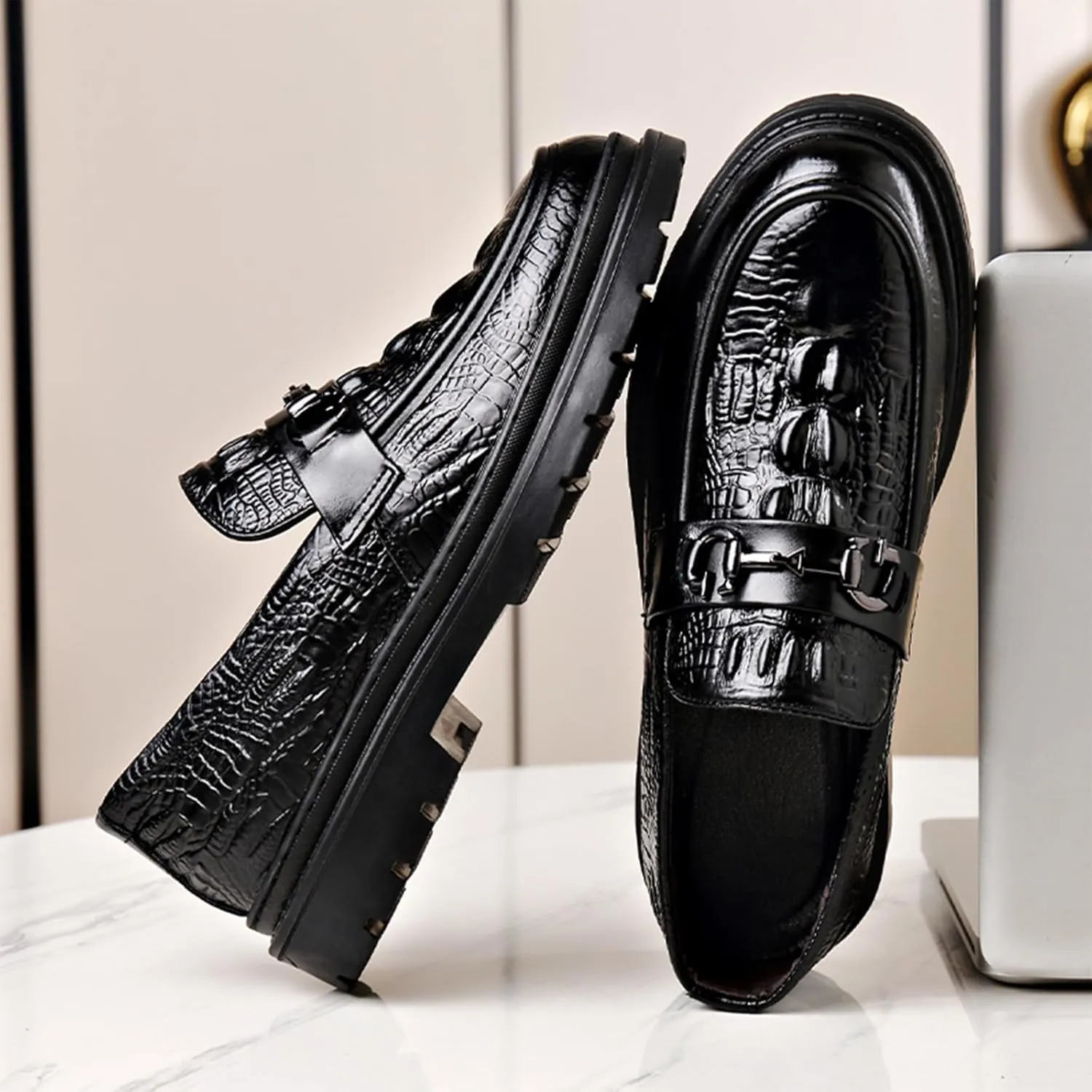 Men's Alligator Printed Platform Chunky Heel Loafers Comfort Round Toe Low-Top Slip-On Anti-Slip Lug Sole Fashion Metal Buckle Business Smart Casual Formal Derby Shoes