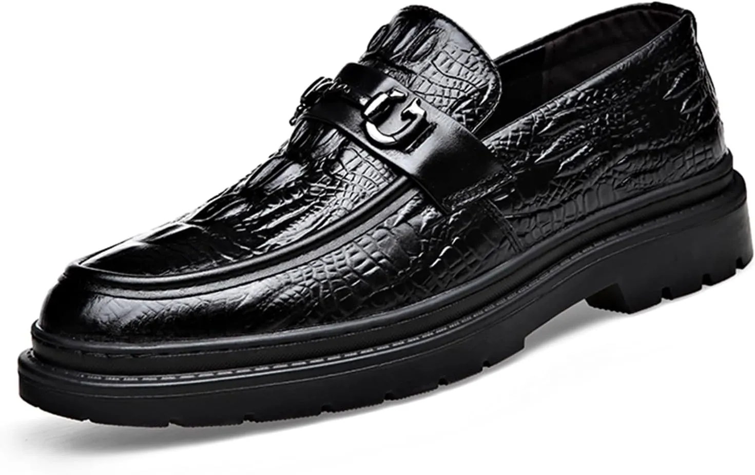 Men's Alligator Printed Platform Chunky Heel Loafers Comfort Round Toe Low-Top Slip-On Anti-Slip Lug Sole Fashion Metal Buckle Business Smart Casual Formal Derby Shoes