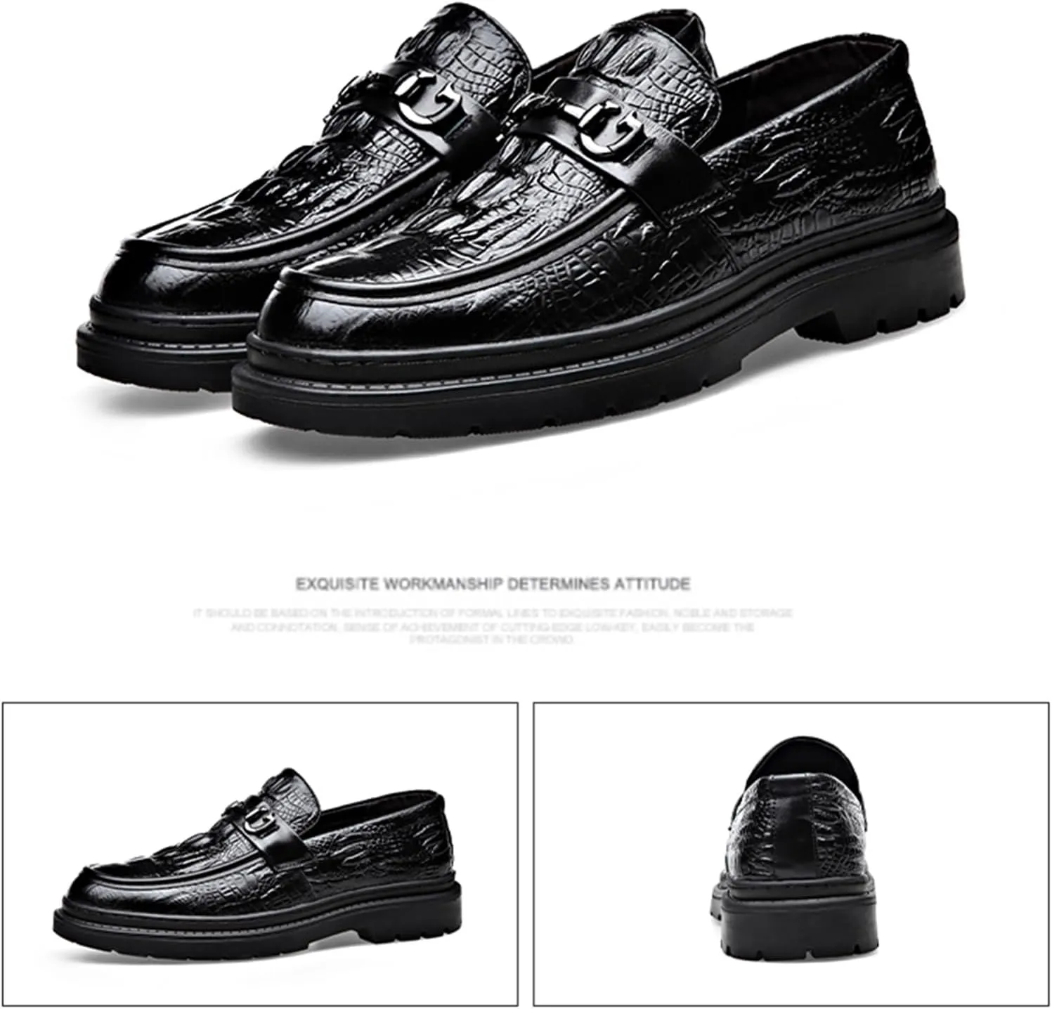 Men's Alligator Printed Platform Chunky Heel Loafers Comfort Round Toe Low-Top Slip-On Anti-Slip Lug Sole Fashion Metal Buckle Business Smart Casual Formal Derby Shoes