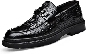 Men's Alligator Printed Platform Chunky Heel Loafers Comfort Round Toe Low-Top Slip-On Anti-Slip Lug Sole Fashion Metal Buckle Business Smart Casual Formal Derby Shoes