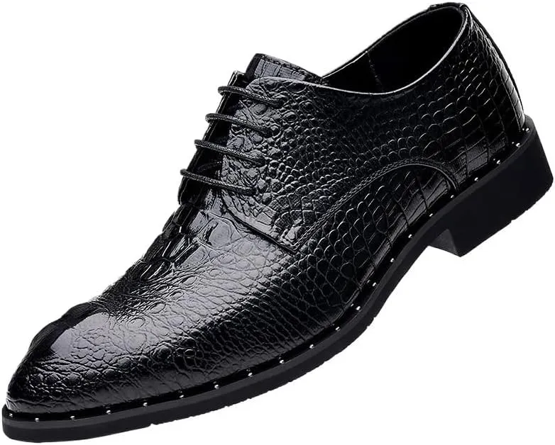 Men's Black Crocodile Leather Oxford Dress Shoes, Lace-Up Formal Shoes for Wedding, Party, Business, British Style Tuxedo Shoes
