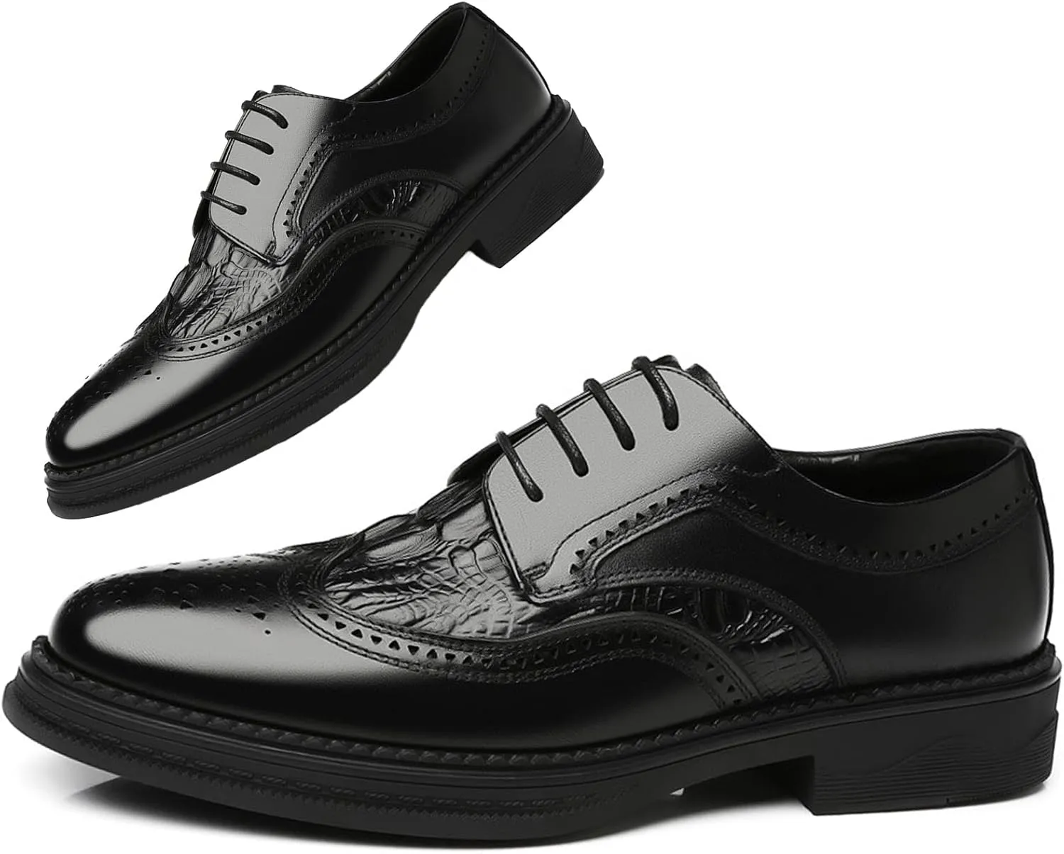 Men's Brogue Luxury Dress Crocodile Oxford Shoe Cowhide Leather Texture Lace-Up Wing Tip Classic Business Wedding Derby Shoes (Black,10,Men,10)
