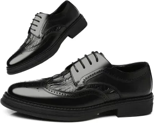Men's Brogue Luxury Dress Crocodile Oxford Shoe Cowhide Leather Texture Lace-Up Wing Tip Classic Business Wedding Derby Shoes (Black,10,Men,10)