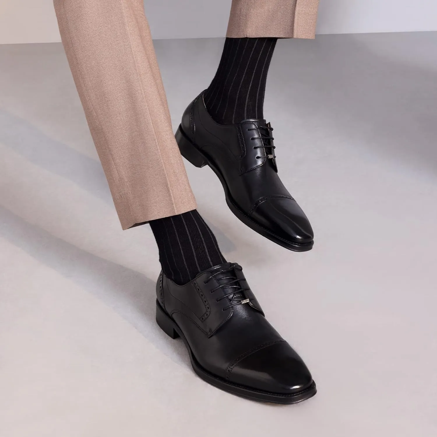 Men's Chunky Low Heel Dress Oxfords Flat Shoes Brogue Genuine Leather Lace-Up Derby Shoes