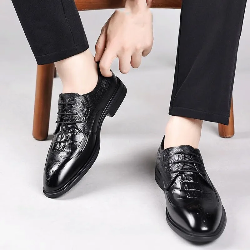 Men's Classic Retro Crocodile Pattern Brogue Shoes, Patent Leather Mens Lace-Up Dress Shoes, Black Business Office Shoes, Men Party Wedding Oxfords