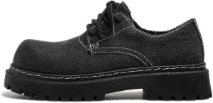 Men's Denim Lace Up Platform Chunky Heel Oxford Shoes Classic Round Toe Comfortable Anti-Slip Lug Sole Formal Derby Shoes for Wedding Business Dress