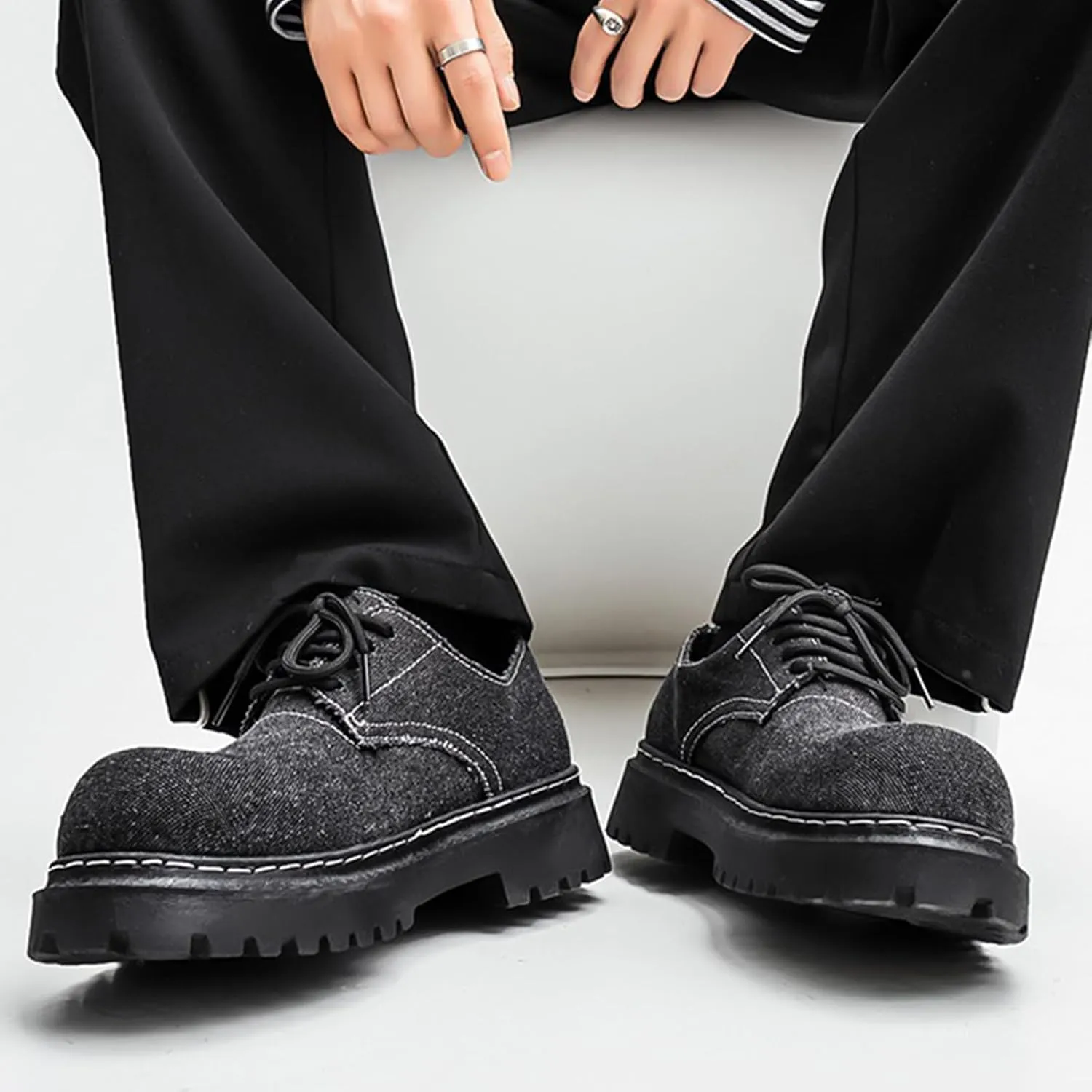 Men's Denim Lace Up Platform Chunky Heel Oxford Shoes Classic Round Toe Comfortable Anti-Slip Lug Sole Formal Derby Shoes for Wedding Business Dress