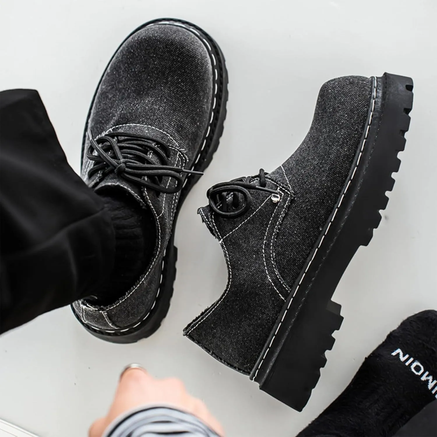 Men's Denim Lace Up Platform Chunky Heel Oxford Shoes Classic Round Toe Comfortable Anti-Slip Lug Sole Formal Derby Shoes for Wedding Business Dress