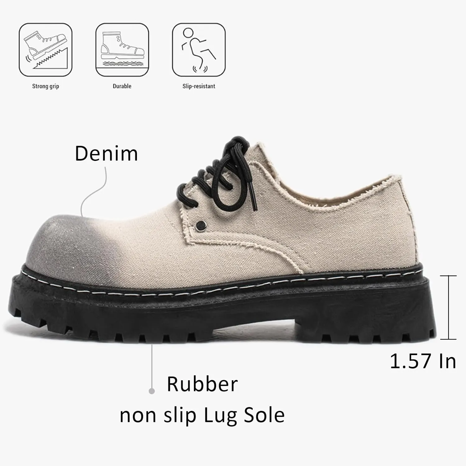 Men's Denim Lace Up Platform Chunky Heel Oxford Shoes Classic Round Toe Comfortable Anti-Slip Lug Sole Formal Derby Shoes for Wedding Business Dress