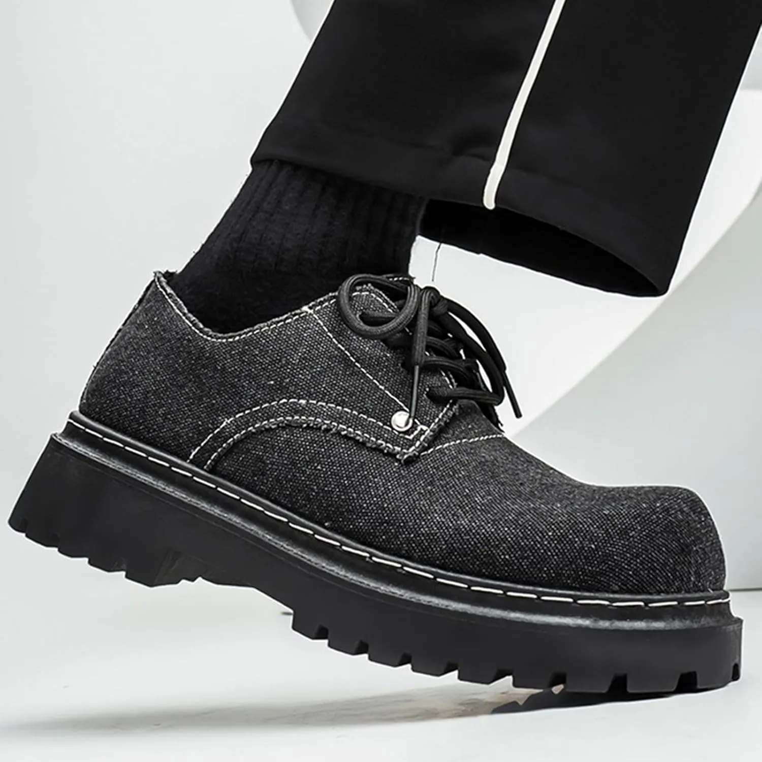 Men's Denim Lace Up Platform Chunky Heel Oxford Shoes Classic Round Toe Comfortable Anti-Slip Lug Sole Formal Derby Shoes for Wedding Business Dress