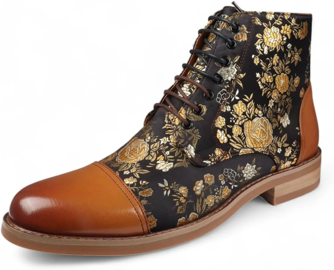 Men's Floral Print Leather Oxford Ankle Boots - Adam