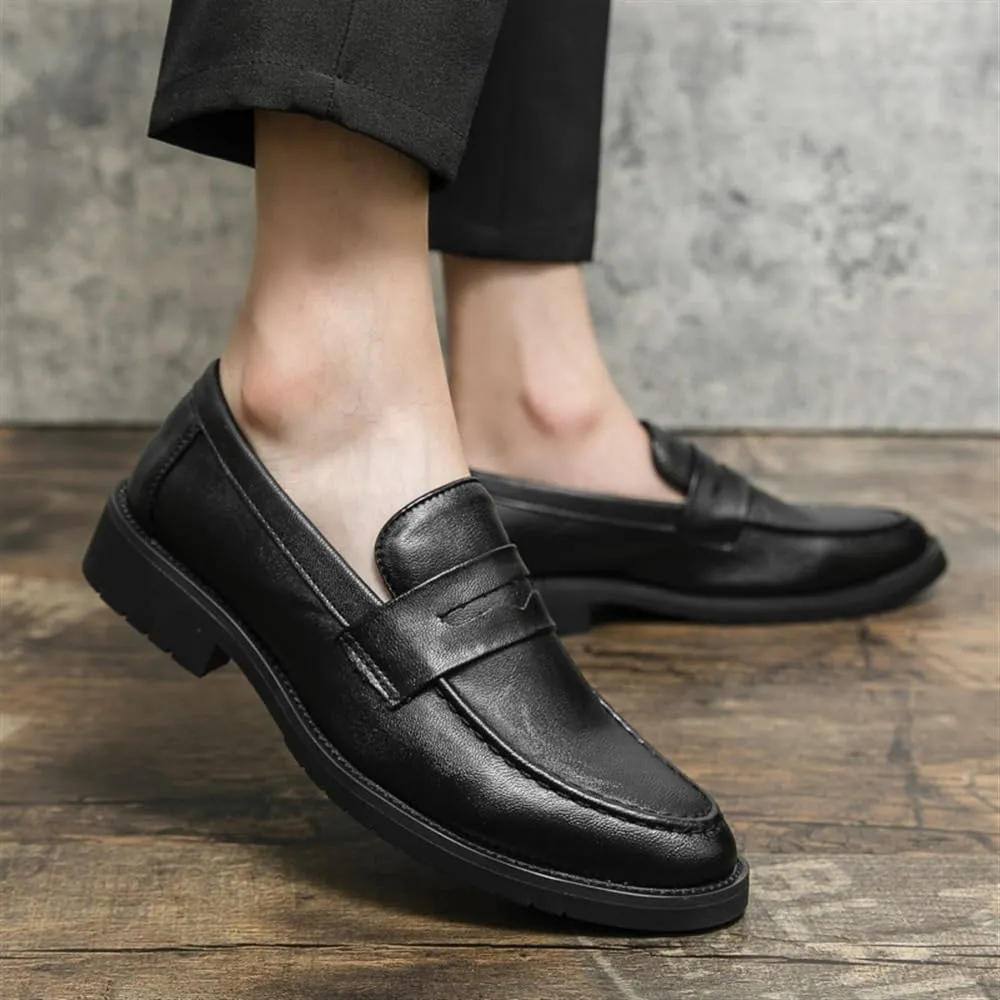 Men's Formal Shoes, Slip-On Pointed Toe Burnished PU Leather, Low Top Non-Slip Block Heel, Casual Dress Shoes with Rubber Sole
