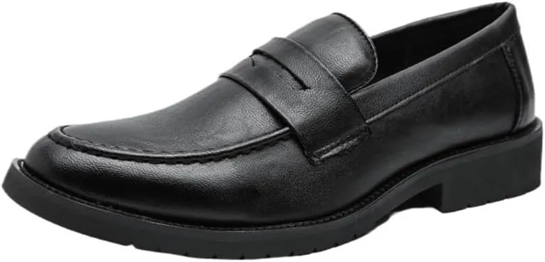 Men's Formal Shoes, Slip-On Pointed Toe Burnished PU Leather, Low Top Non-Slip Block Heel, Casual Dress Shoes with Rubber Sole
