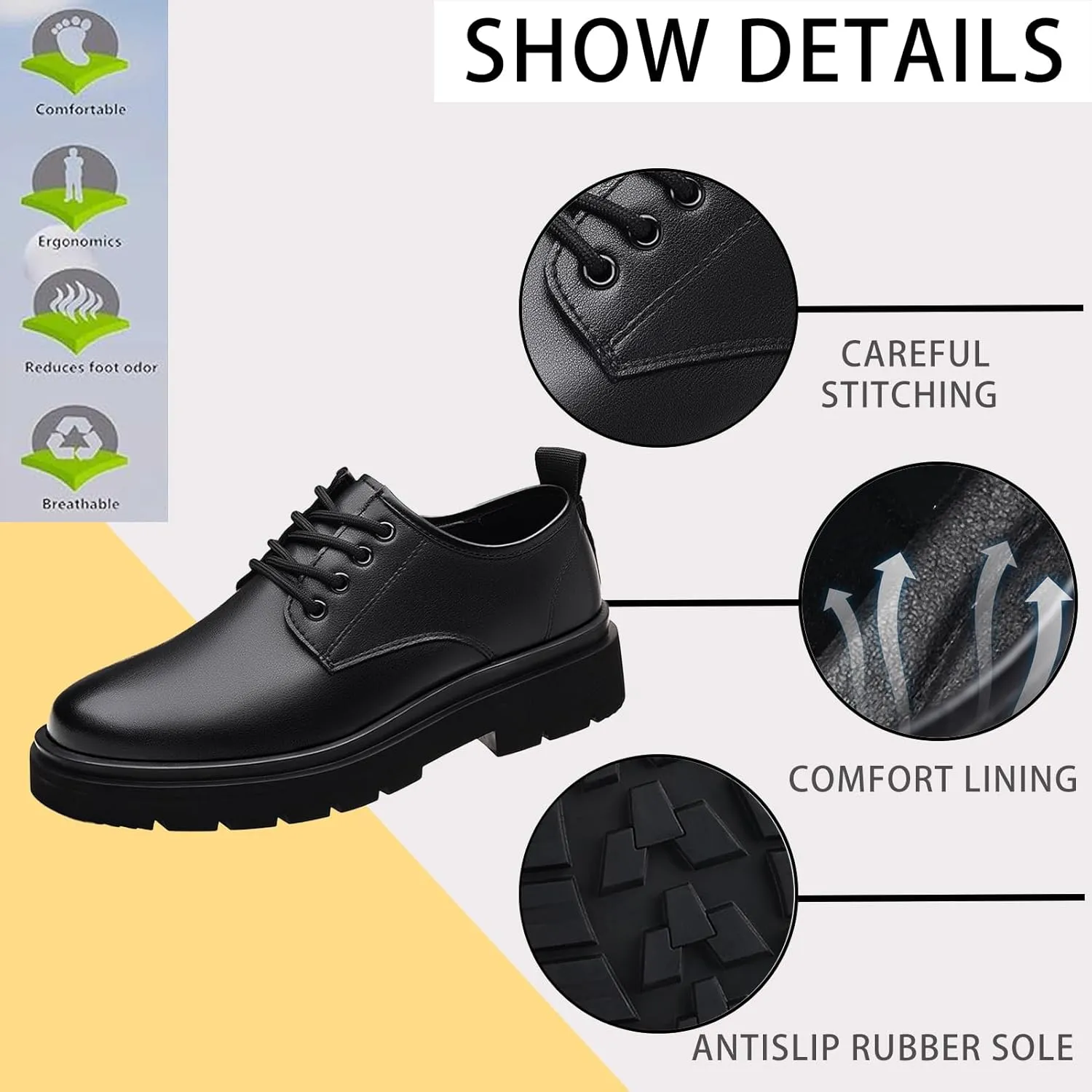 Men's Genuine Leather Chunky Low Heel Oxfords Classic Lace Up Business Formal Tuxedo Derby Shoes Fashion Casual Slip-On Round Anti-Slip Wedding Derby Oxfords