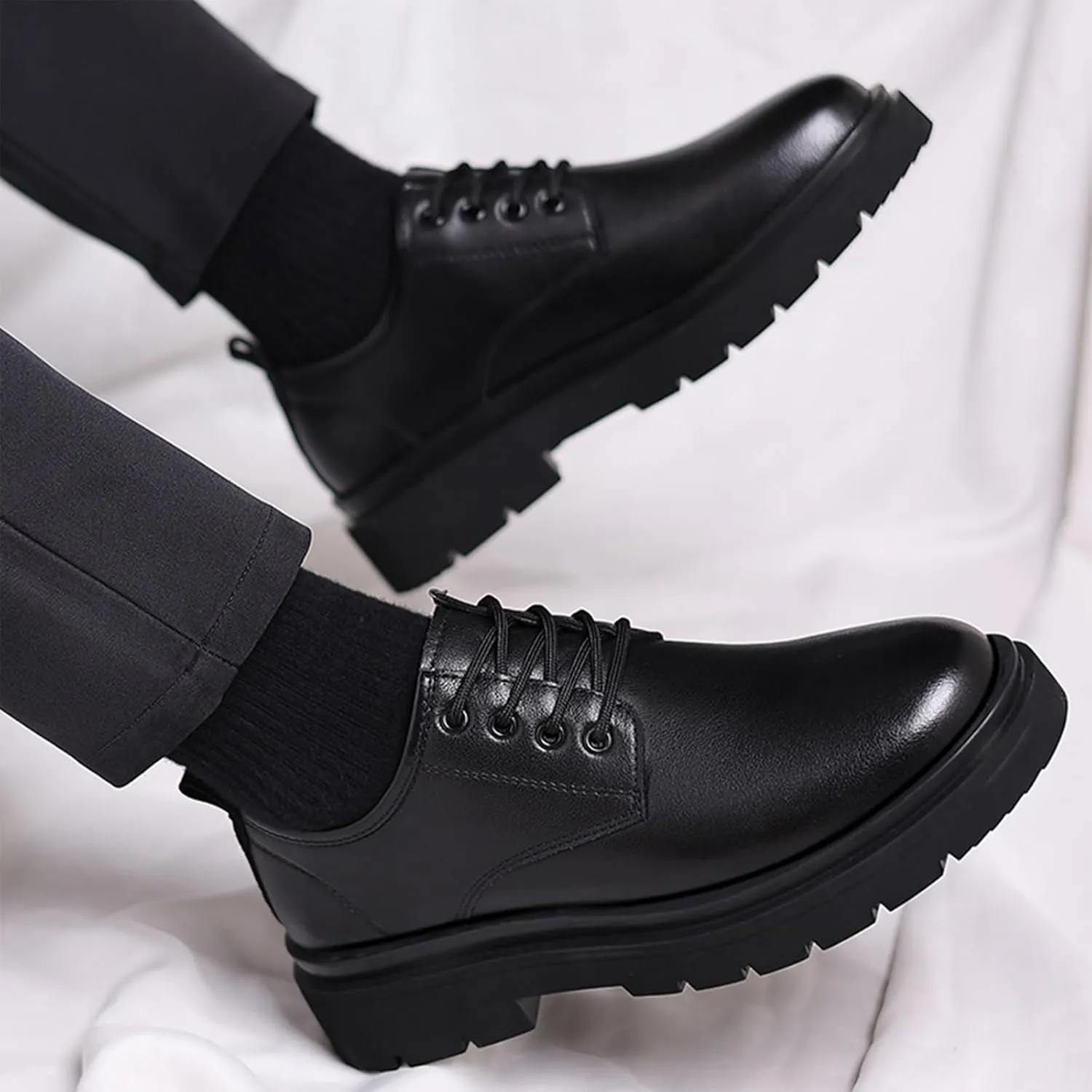 Men's Genuine Leather Chunky Low Heel Oxfords Classic Lace Up Business Formal Tuxedo Derby Shoes Fashion Casual Slip-On Round Anti-Slip Wedding Derby Oxfords