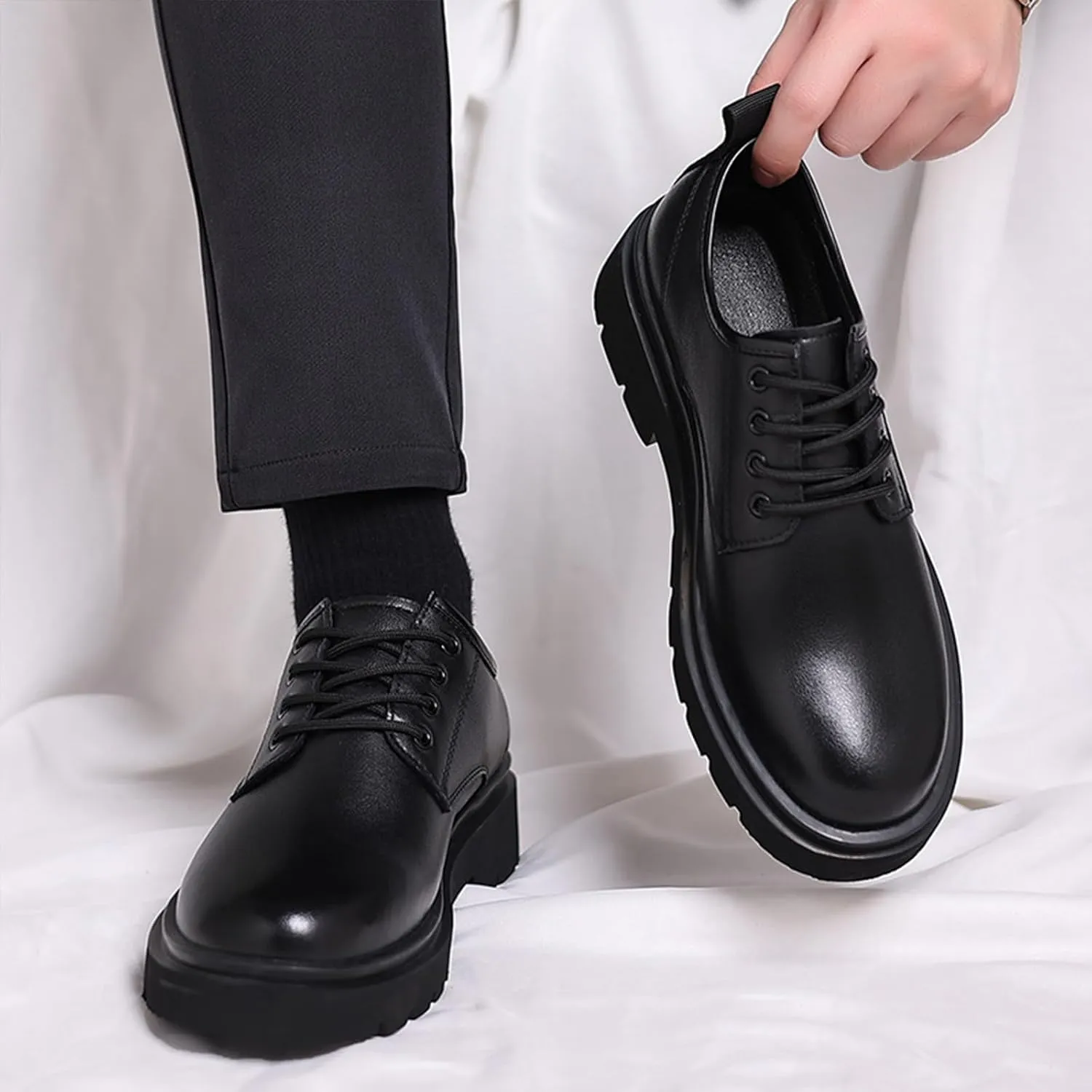 Men's Genuine Leather Chunky Low Heel Oxfords Classic Lace Up Business Formal Tuxedo Derby Shoes Fashion Casual Slip-On Round Anti-Slip Wedding Derby Oxfords