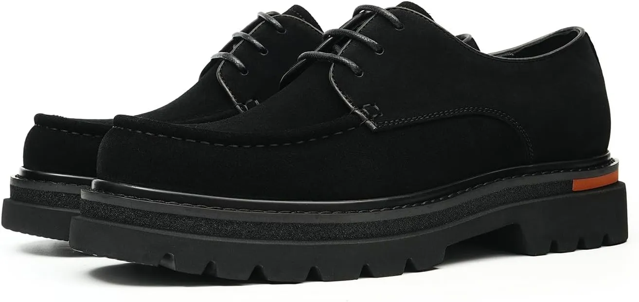 Men's Genuine Leather Chunky Sole Derby Shoes – Premium Suede & Smooth Leather Upper, Slip-Resistant Comfort Dress Shoes, Business Casual Oxfords for Men