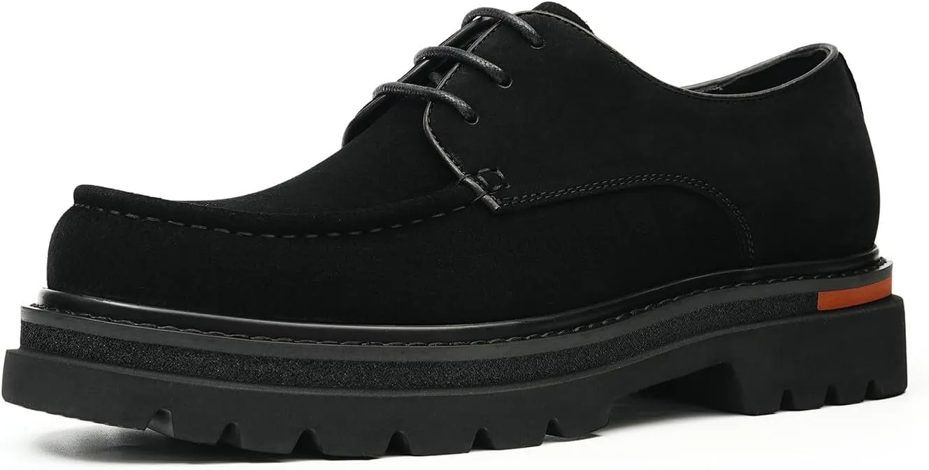 Men's Genuine Leather Chunky Sole Derby Shoes – Premium Suede & Smooth Leather Upper, Slip-Resistant Comfort Dress Shoes, Business Casual Oxfords for Men