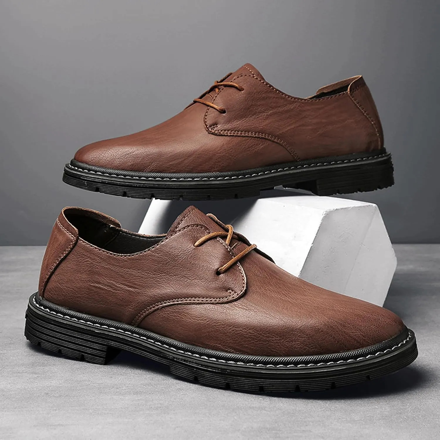 Men's Genuine Leather Dress Oxfords Shoes,Fashion Lace up Hand Stitched Round-Toe Soft Sole Derby Shoes,Casual Low Top Non-Slip Business Formal Shoes