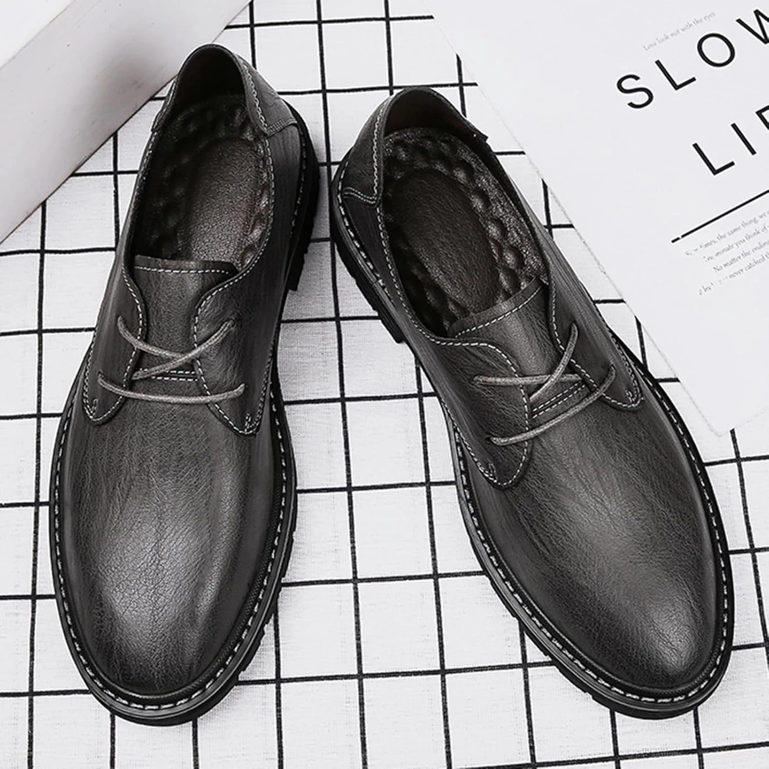 Men's Genuine Leather Dress Oxfords Shoes,Fashion Lace up Hand Stitched Round-Toe Soft Sole Derby Shoes,Casual Low Top Non-Slip Business Formal Shoes