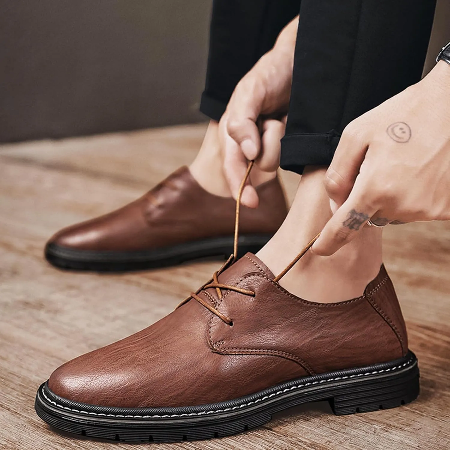 Men's Genuine Leather Dress Oxfords Shoes,Fashion Lace up Hand Stitched Round-Toe Soft Sole Derby Shoes,Casual Low Top Non-Slip Business Formal Shoes