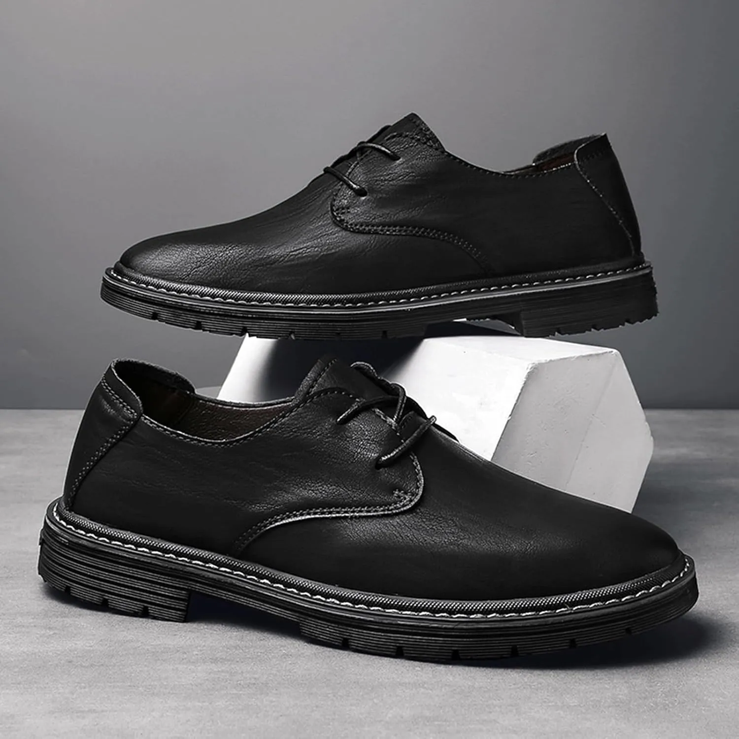 Men's Genuine Leather Dress Oxfords Shoes,Fashion Lace up Hand Stitched Round-Toe Soft Sole Derby Shoes,Casual Low Top Non-Slip Business Formal Shoes