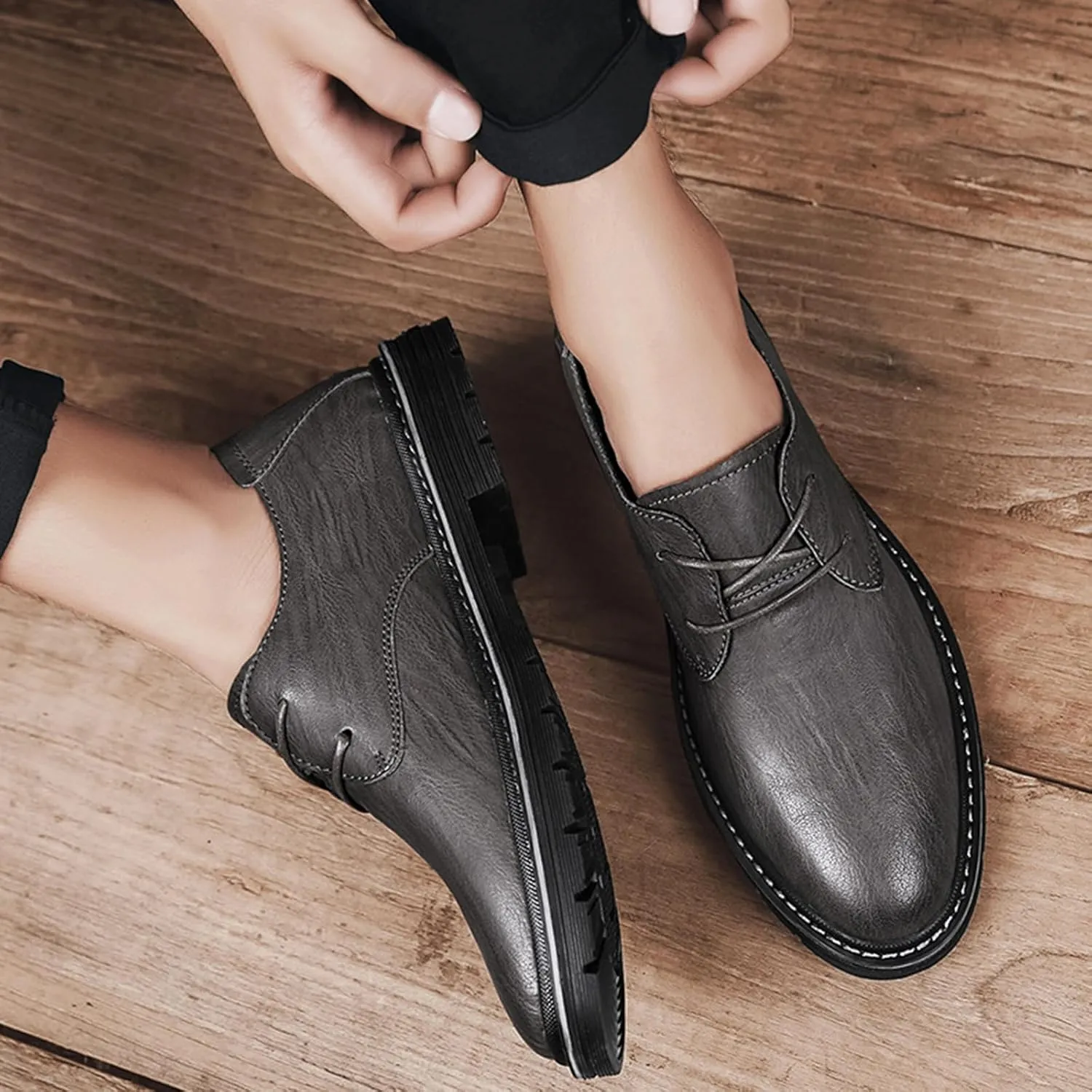 Men's Genuine Leather Dress Oxfords Shoes,Fashion Lace up Hand Stitched Round-Toe Soft Sole Derby Shoes,Casual Low Top Non-Slip Business Formal Shoes