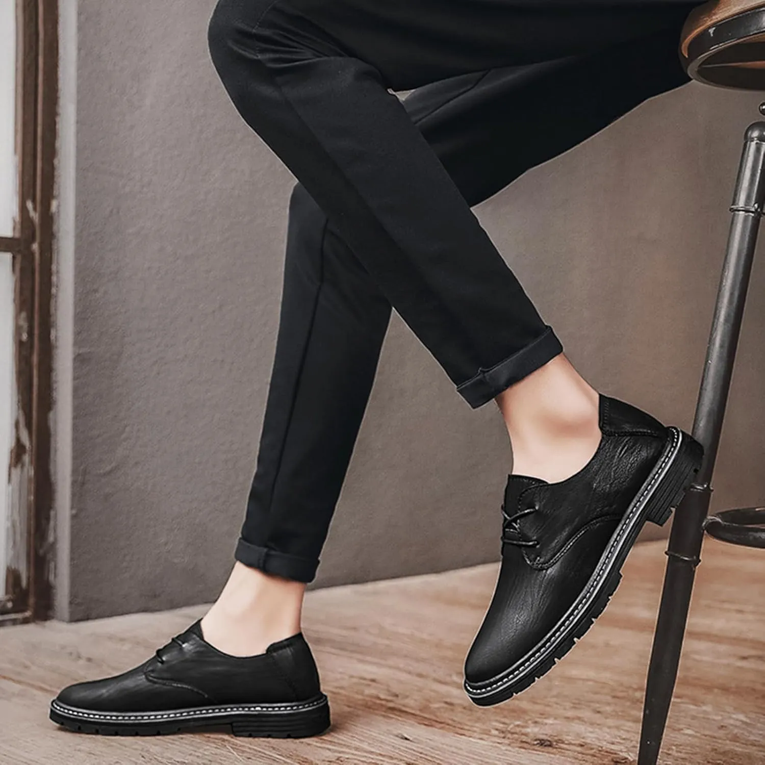 Men's Genuine Leather Dress Oxfords Shoes,Fashion Lace up Hand Stitched Round-Toe Soft Sole Derby Shoes,Casual Low Top Non-Slip Business Formal Shoes