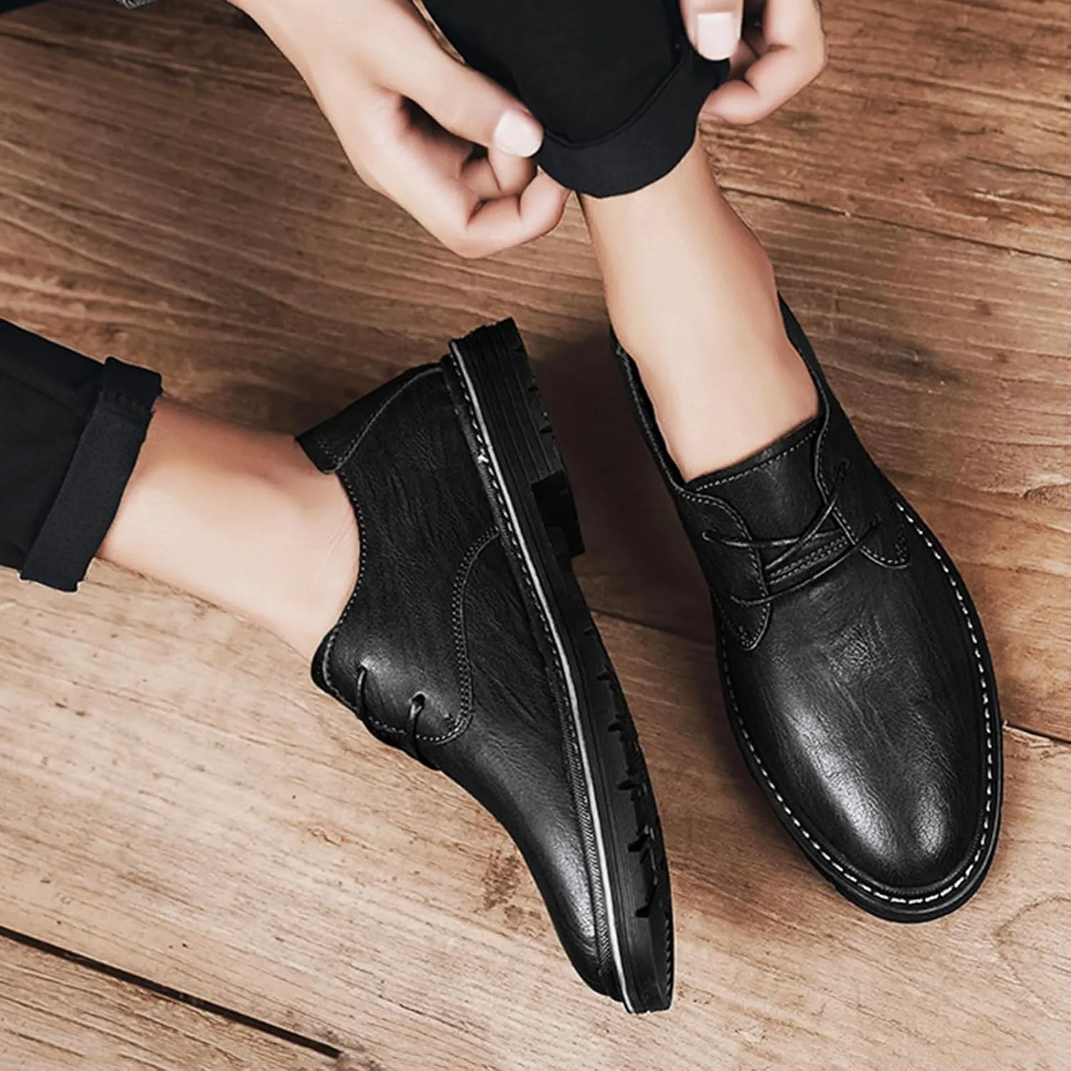 Men's Genuine Leather Dress Oxfords Shoes,Fashion Lace up Hand Stitched Round-Toe Soft Sole Derby Shoes,Casual Low Top Non-Slip Business Formal Shoes