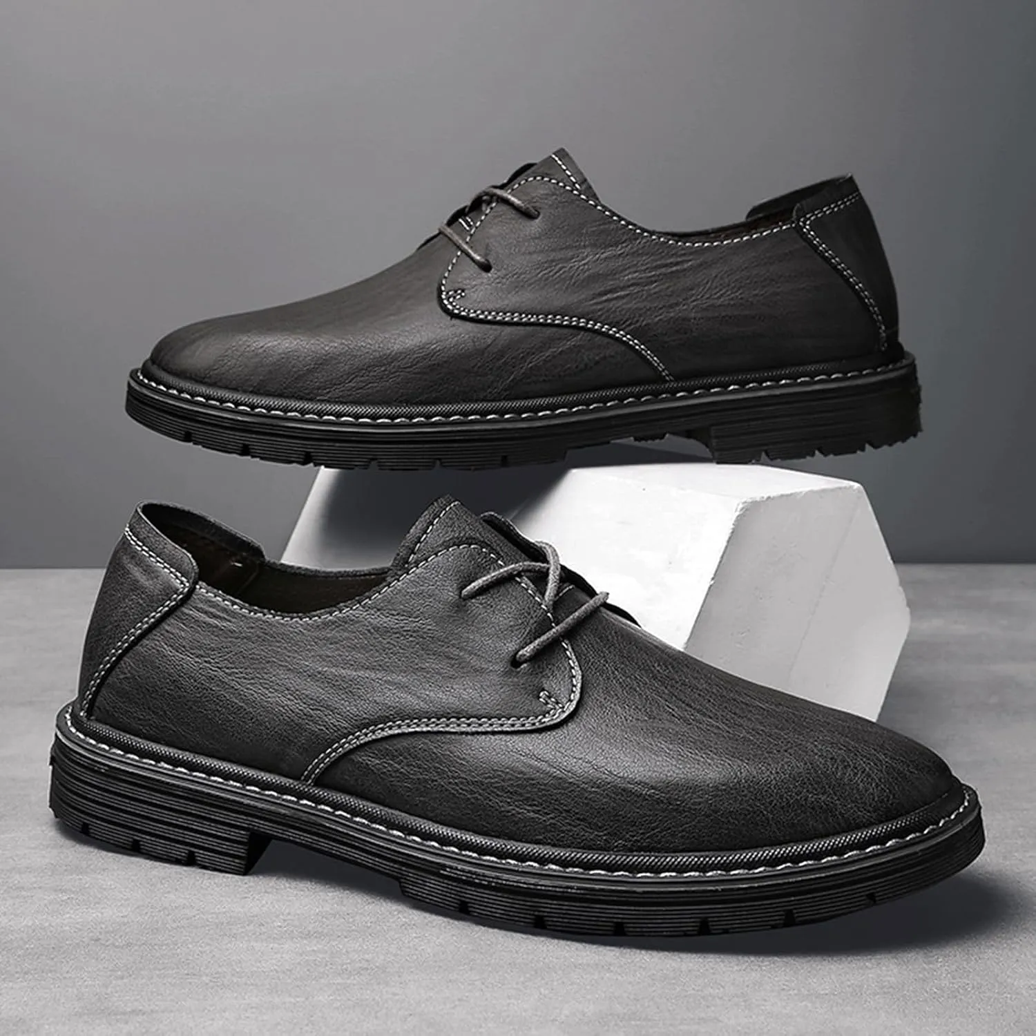 Men's Genuine Leather Dress Oxfords Shoes,Fashion Lace up Hand Stitched Round-Toe Soft Sole Derby Shoes,Casual Low Top Non-Slip Business Formal Shoes