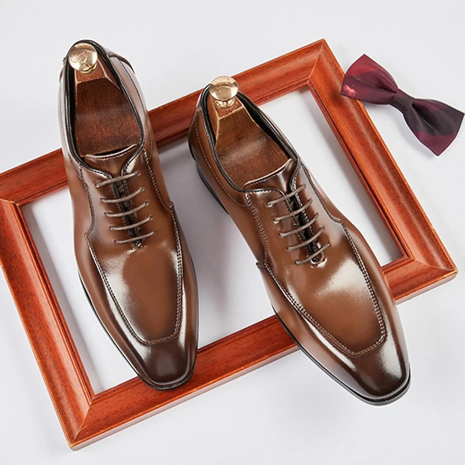 Men's Genuine Leather Lace Up Dress Oxfords Shoes Fashion Classic Hand Stitched Cap Toe Low Top Formal Shoes Casual Business Office Wedding Derby Shoes
