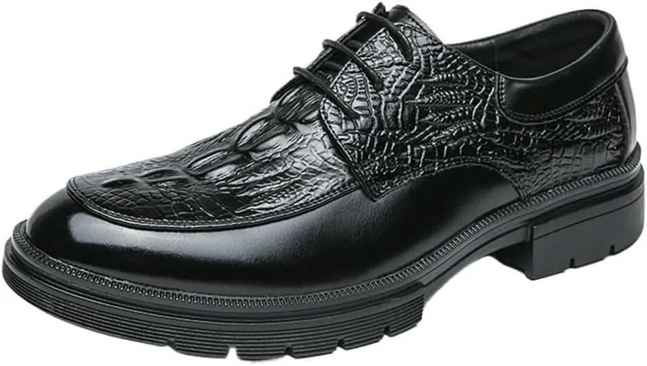Men's Genuine Leather Oxford Dress Shoes, Crocodile Pattern Business Brogue Wingtip Formal Shoes, Comfortable Lace-Up Oxfords for Men