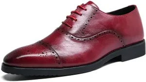 Men's Genuine Leather Oxfords Shoes Mens Fashion Classic Pointed Toe Dress Shoes Non-Slip Softsole Formal Derby Shoes(Red,8.5)
