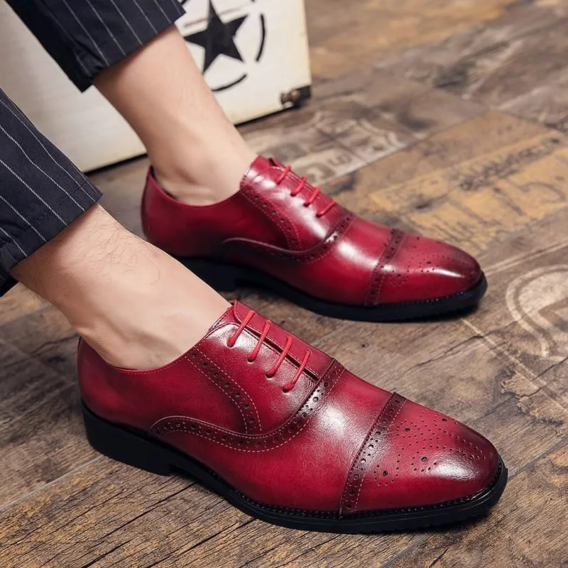 Men's Genuine Leather Oxfords Shoes Mens Fashion Classic Pointed Toe Dress Shoes Non-Slip Softsole Formal Derby Shoes(Red,8.5)