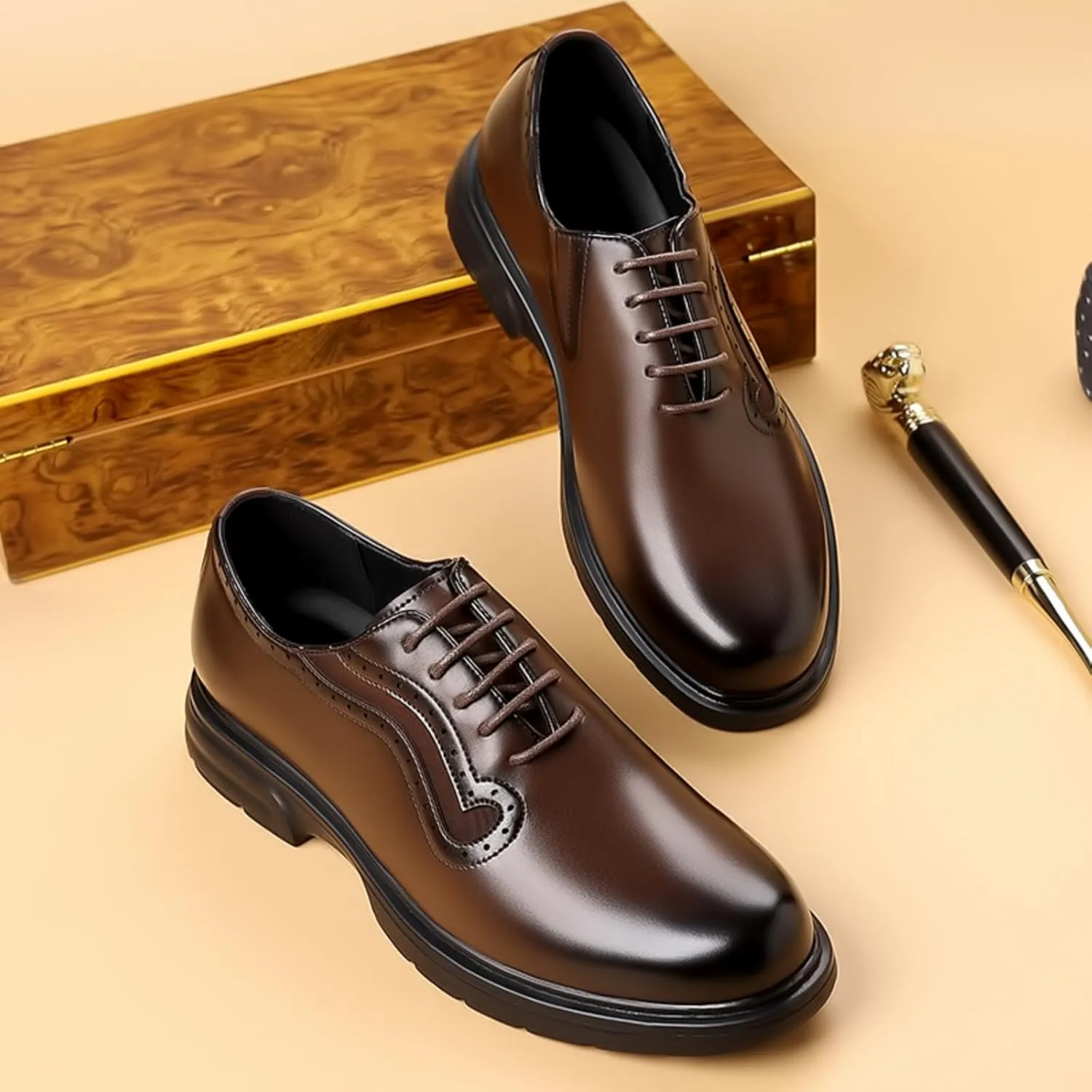 Mens Genuine Leather Wingtip Brogue Lace Up Dress Oxford Shoes Lightweight Non Slip Derby Shoes for Formal Business Wedding
