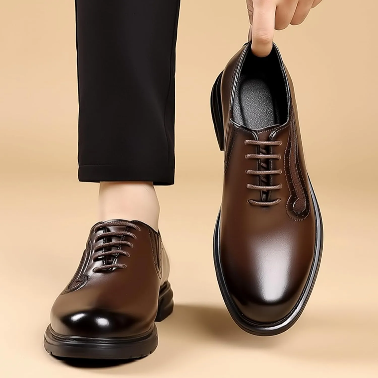 Mens Genuine Leather Wingtip Brogue Lace Up Dress Oxford Shoes Lightweight Non Slip Derby Shoes for Formal Business Wedding
