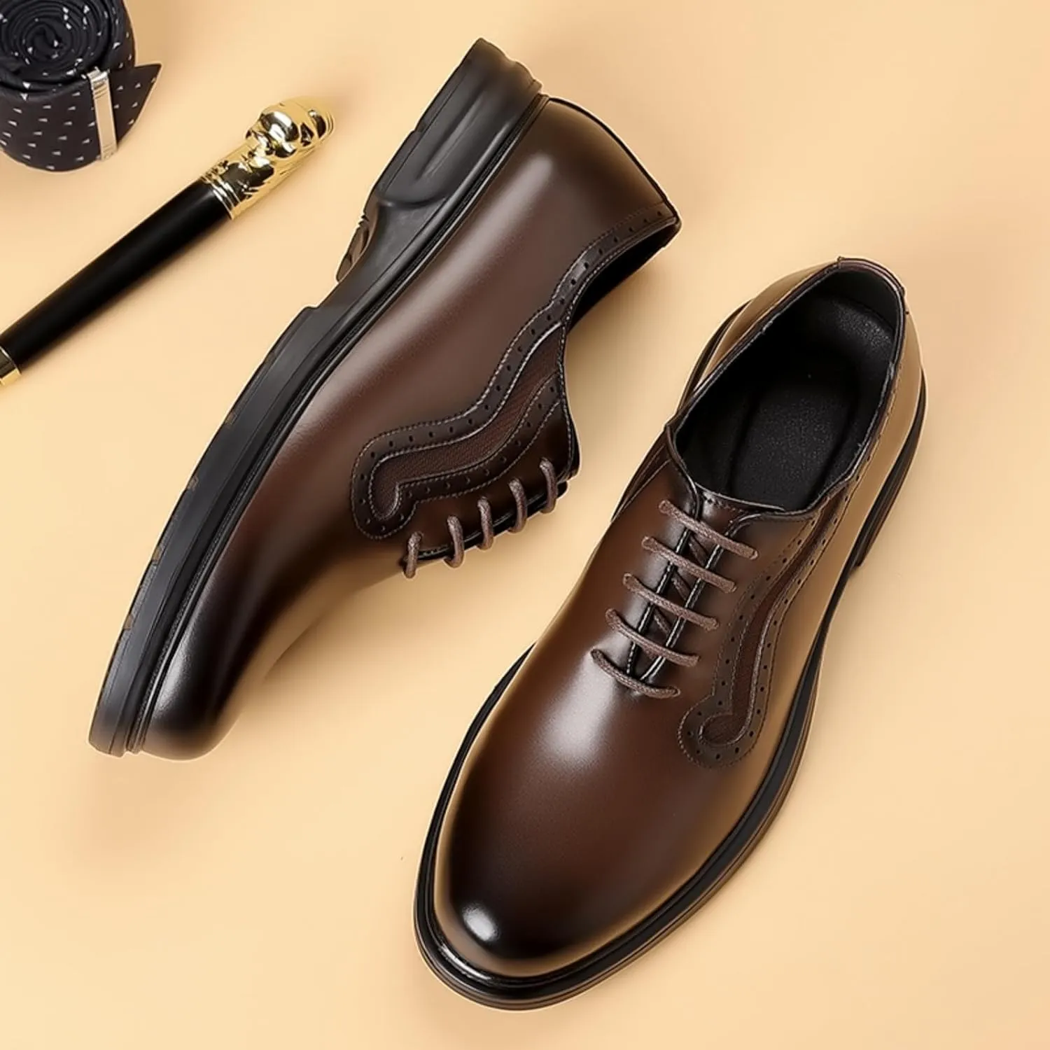 Mens Genuine Leather Wingtip Brogue Lace Up Dress Oxford Shoes Lightweight Non Slip Derby Shoes for Formal Business Wedding
