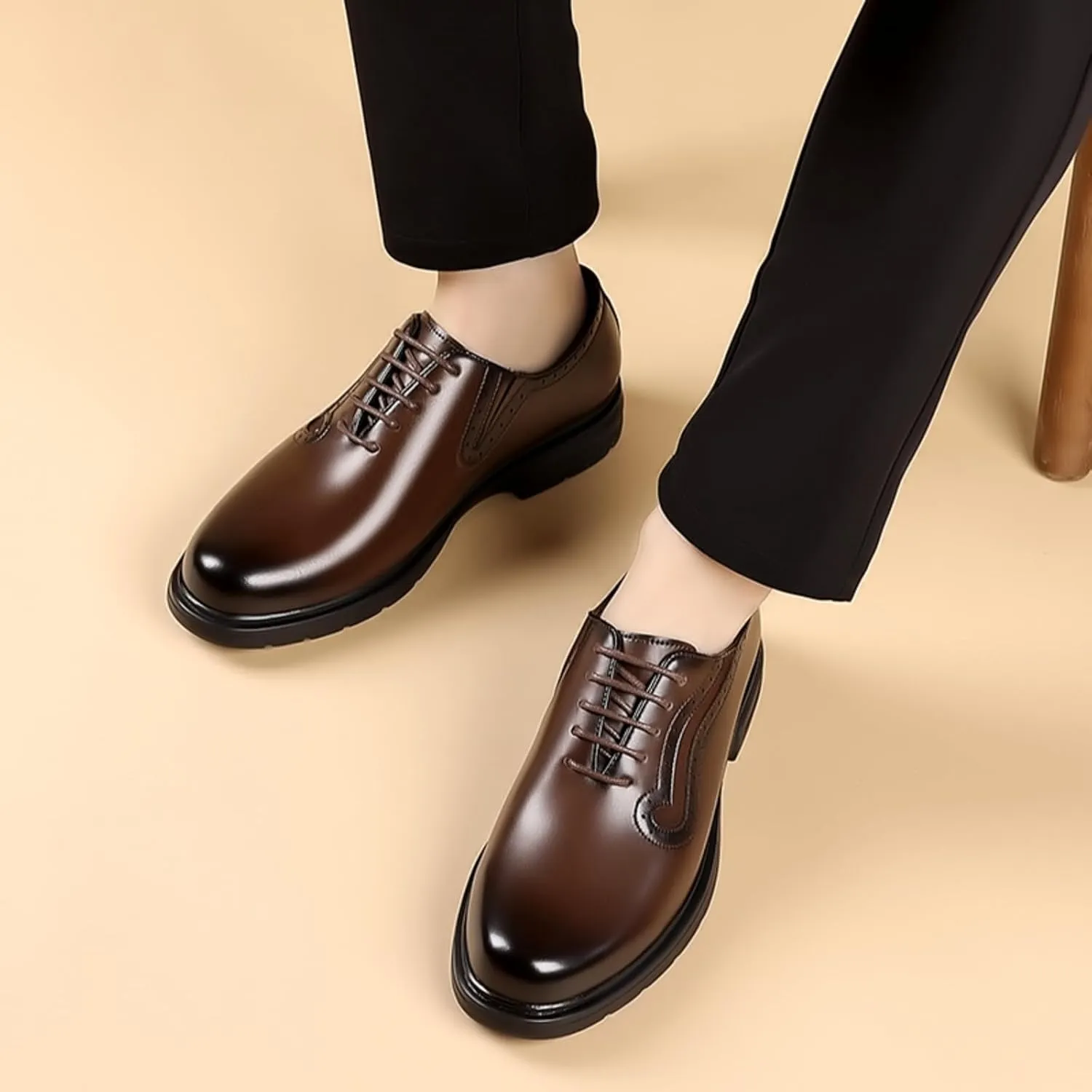 Mens Genuine Leather Wingtip Brogue Lace Up Dress Oxford Shoes Lightweight Non Slip Derby Shoes for Formal Business Wedding