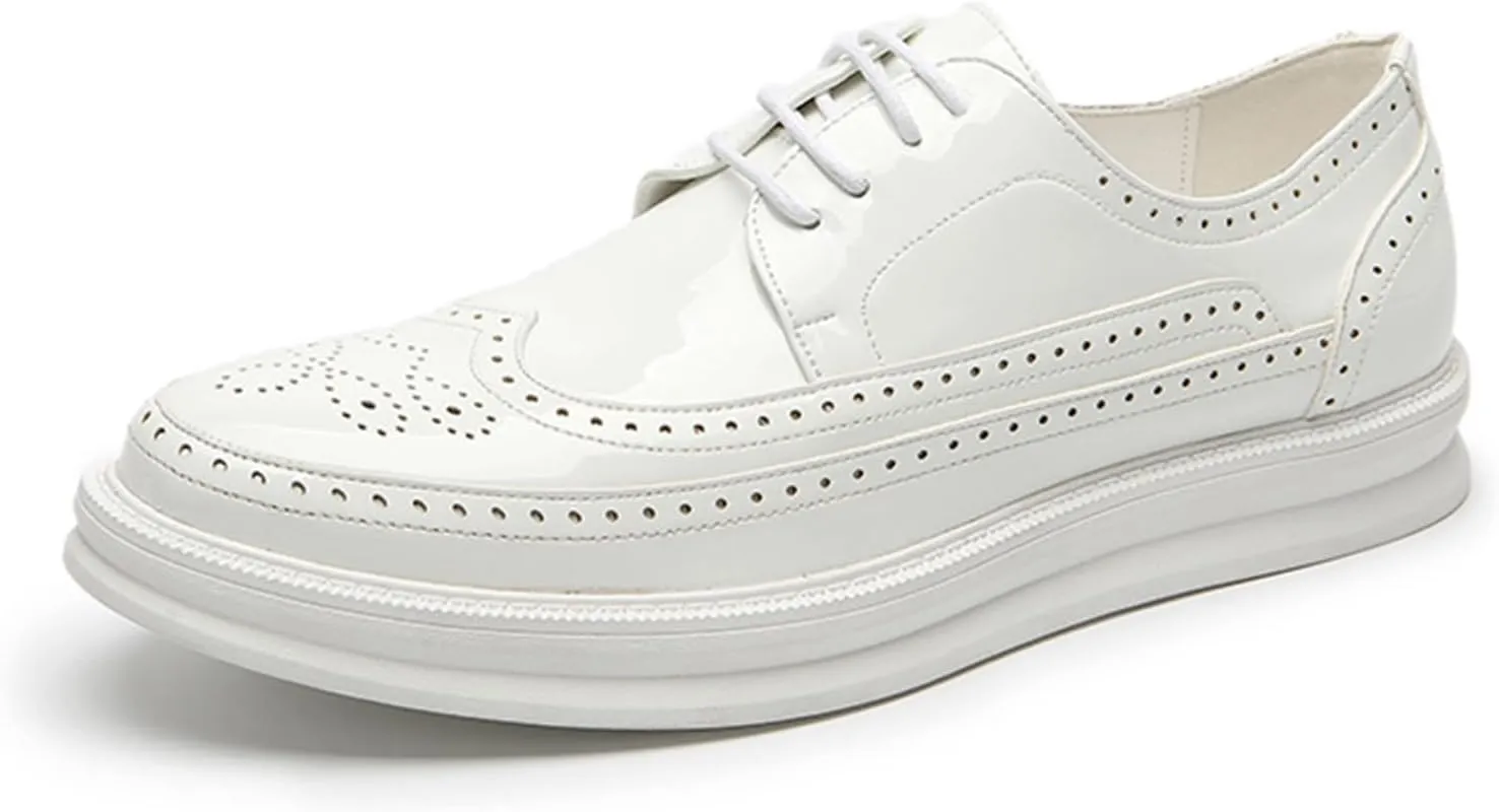 Men's Leather Brogue Wingtip Oxford Sneakers Classic Lace-Up Perforated Low Top Derby Shoes Casual Office Work Formal Dress Shoes